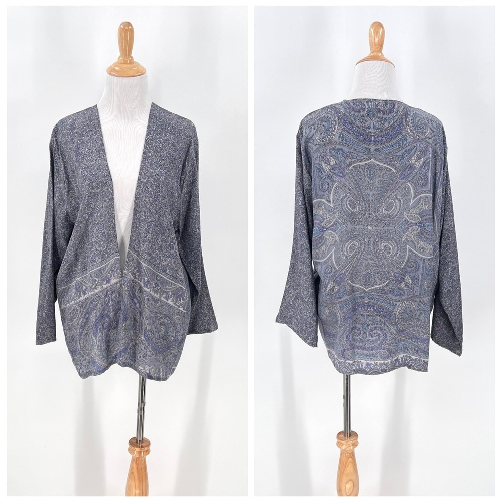 SUN CHILD Paisley Print Silk Kimono Womens One Size Blue Open Front Short Boho